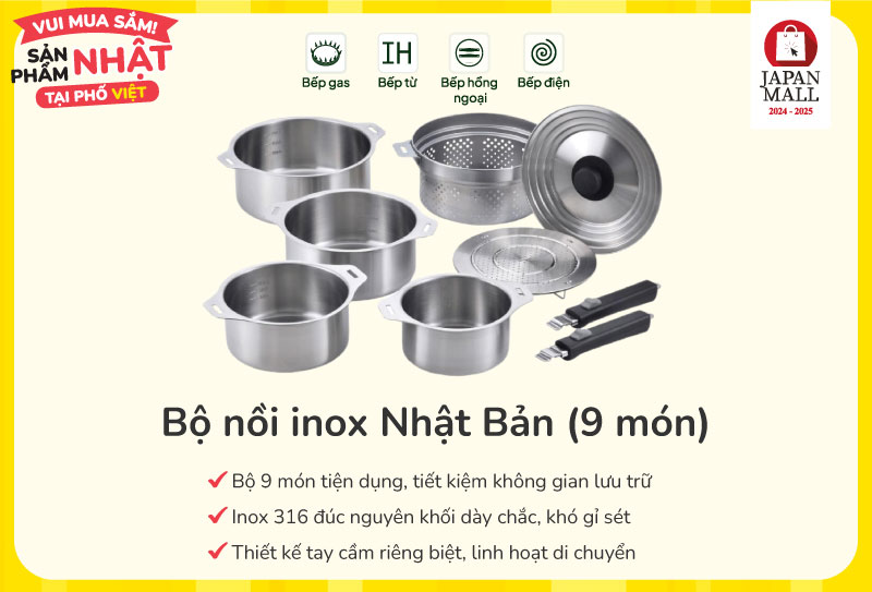 Bộ nồi inox đúc nguyên khối Wahei Freiz Nhật Bản (9 món)